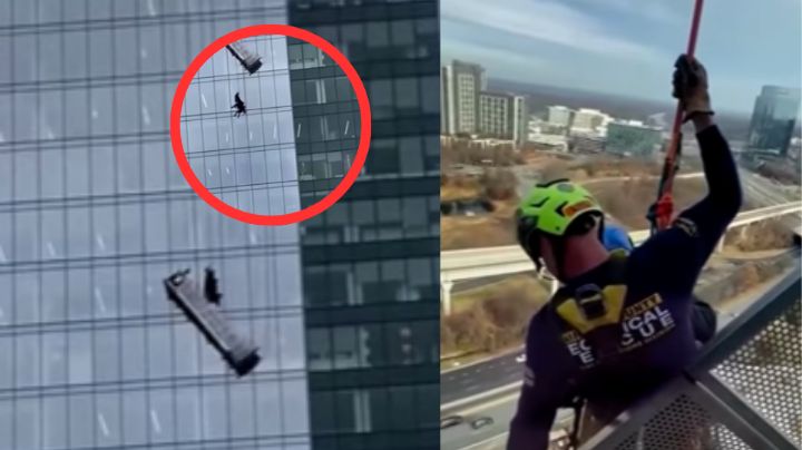 MOMENTO EXACTO en que son rescatados trabajadores que quedaron varados en rascacielos