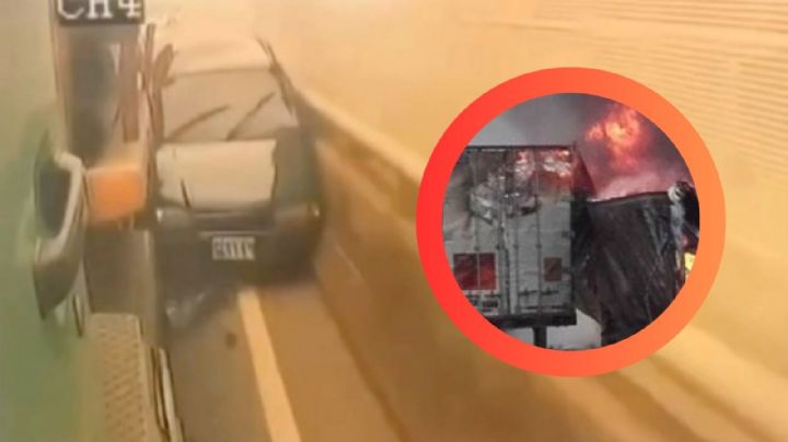 MOMENTO EXACTO en el que conductor es casi aplastado por camión; intentaba ganarle el paso