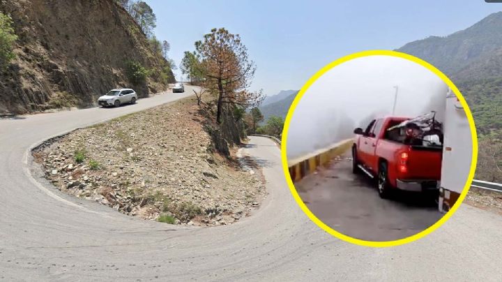 Turista graba cómo resbala camioneta en la Sierra de Santiago | VIDEO