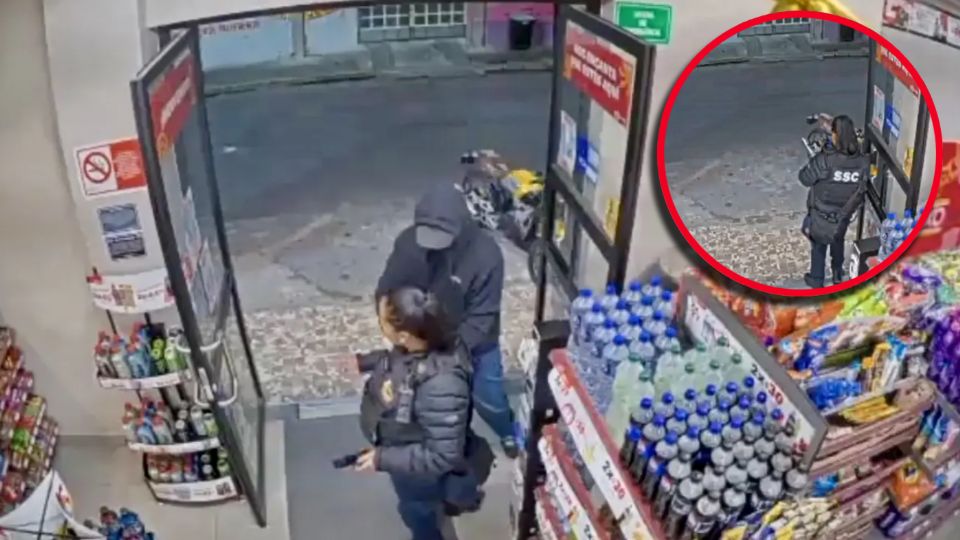 La oficial fue rápidamente sometida por el asaltante, quien no dudó en salir de la tienda de conveniencia con dos armas