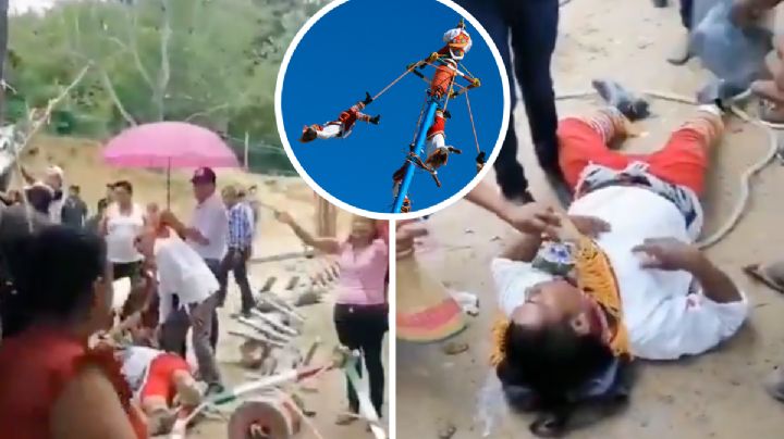 MOMENTO EXACTO en que voladores de Papantla caen al vacío; mástil que los sostenía se rompió
