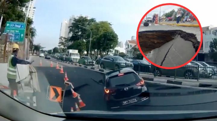 MOMENTO EXACTO en que socavón se 'traga' un automóvil; conductora sobrevivió de milagro