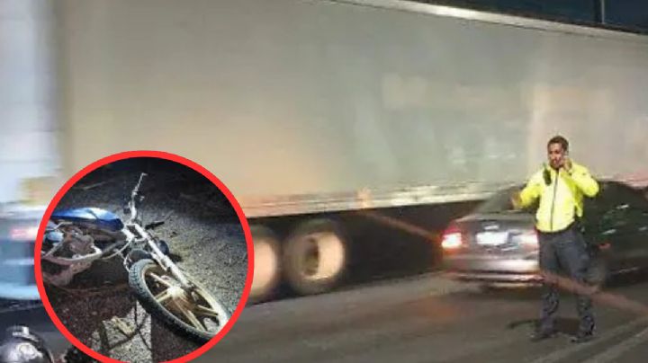 Terrible accidente sufrió motociclista por no respetar el semáforo; terminó abajo de un tractocamión