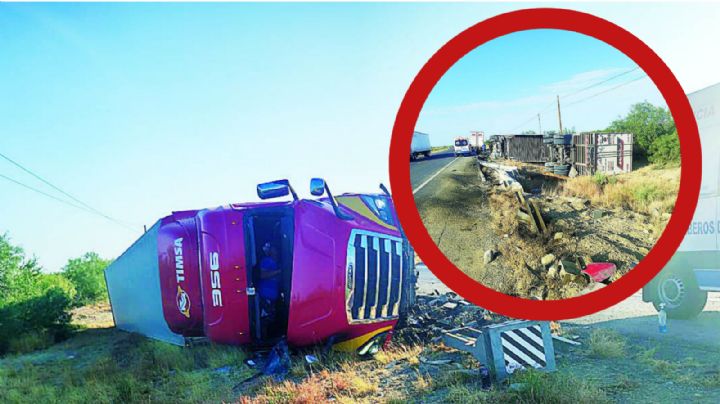 Trailero vuelca brutalmente en la Carretera Nuevo Laredo-Monterrey; así quedó la pesada unidad