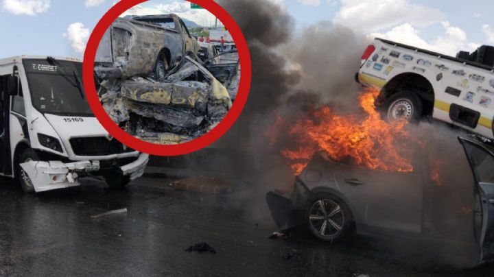 Brutal choque deja a tres autos incendiados en la autopista Monterrey- Nuevo Laredo; ¿hubo muertos?