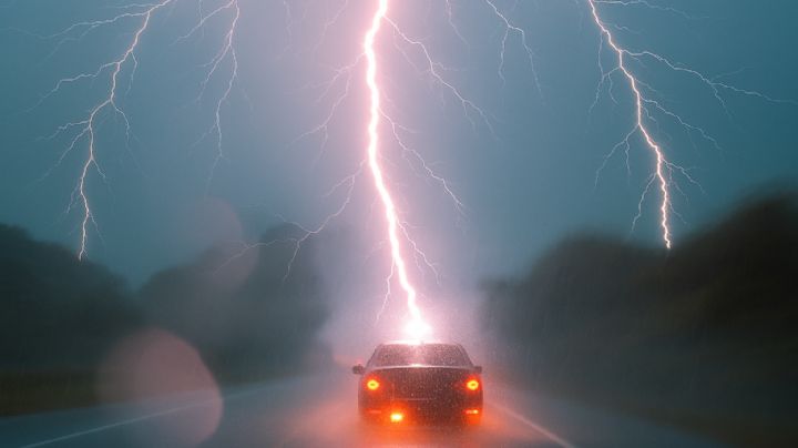 MOMENTO EXACTO en el que vehículo recibe el golpe de un rayo durante intensa tormenta eléctrica