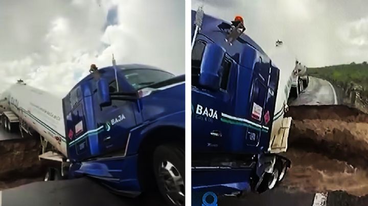 Tormenta Mario: pipa de gas queda colgada al partirse la carretera en dos | VIDEO