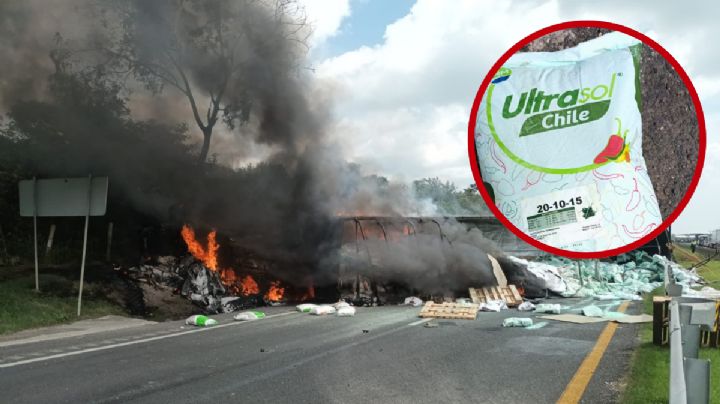 Volcadura de tráiler en Altamira deja chofer calcinado; rapiña saquea fertilizante tras accidente