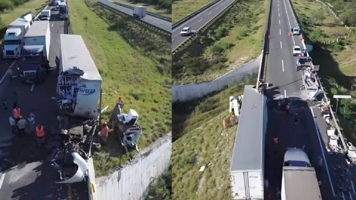 Fuerte choque de camiones sobre la carretera Monterrey-Laredo; chofer sale ileso | VIDEO