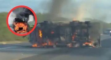 Hombre muere calcinado en Carretera a Zaragoza; chofer quedó atrapado en camioneta de mariscos