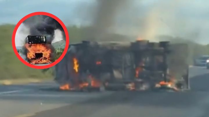 Hombre muere calcinado en Carretera a Zaragoza; chofer quedó atrapado en camioneta de mariscos