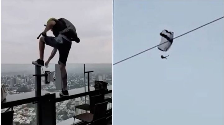 Paracaidista salta desde lo alto de hotel; trabajadores trataron de detenerlo | VIDEO