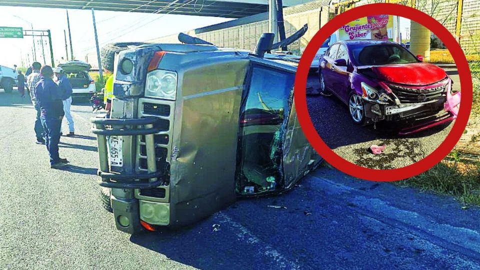 Brutal choque deja 3 autos destrozado en Nuevo Laredo; camioneta quedó volcada