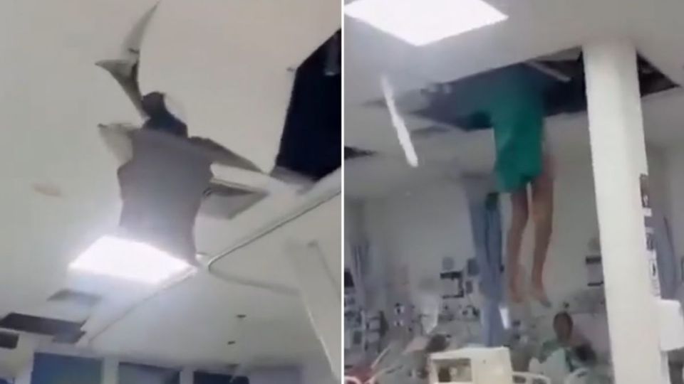 El video muestra el momento en que el hombre rompe el techo y cae al área de hospitalización