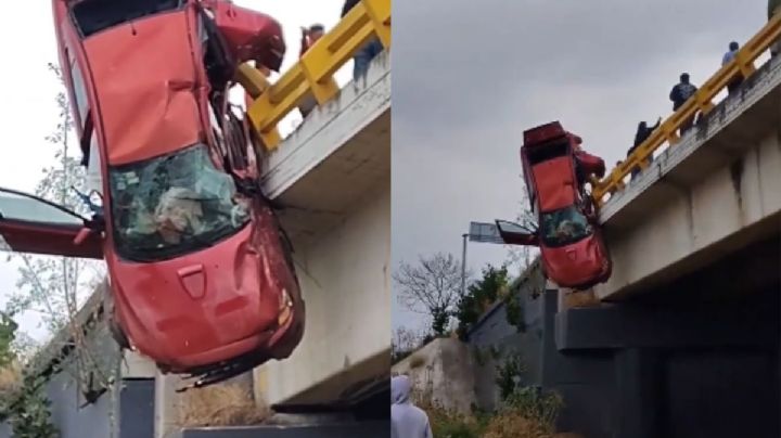 Fatal accidente en Puebla; auto queda colgando de un puente y una mujer fallece en el lugar | VIDEO