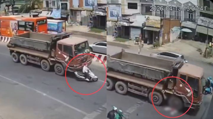 MOMENTO EXACTO en que motociclista es brutalmente aplastado por un tráiler tras maniobra indebida