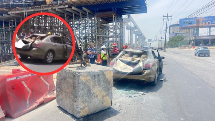 Estructura del Metro en Apodaca se desploma y aplasta auto en plena avenida; conductor es hospitalizado | VIDEO