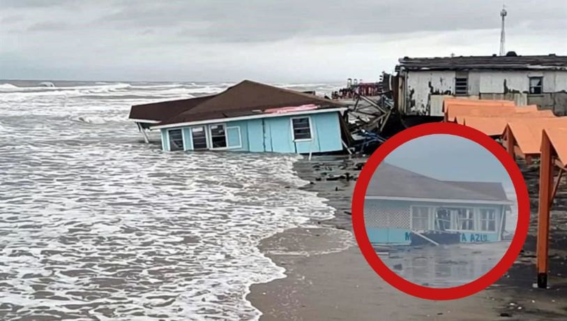 Colapsa restaurante 'Mariscos Costa Azul' en playa Bagdad en Matamoros por fuertes olas